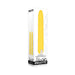 Yellow rechargeable silicone vibrator in clear retail packaging with black and white branding details.