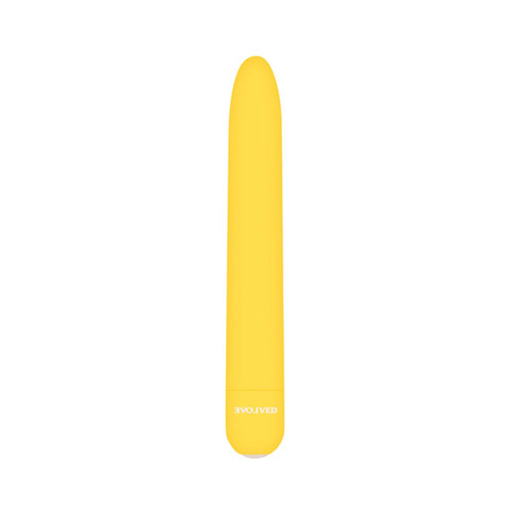 Yellow rechargeable silicone vibrator with smooth matte finish and slim, classic design by Evolved.