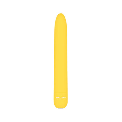 Yellow rechargeable silicone vibrator with smooth matte finish and slim, classic design by Evolved.