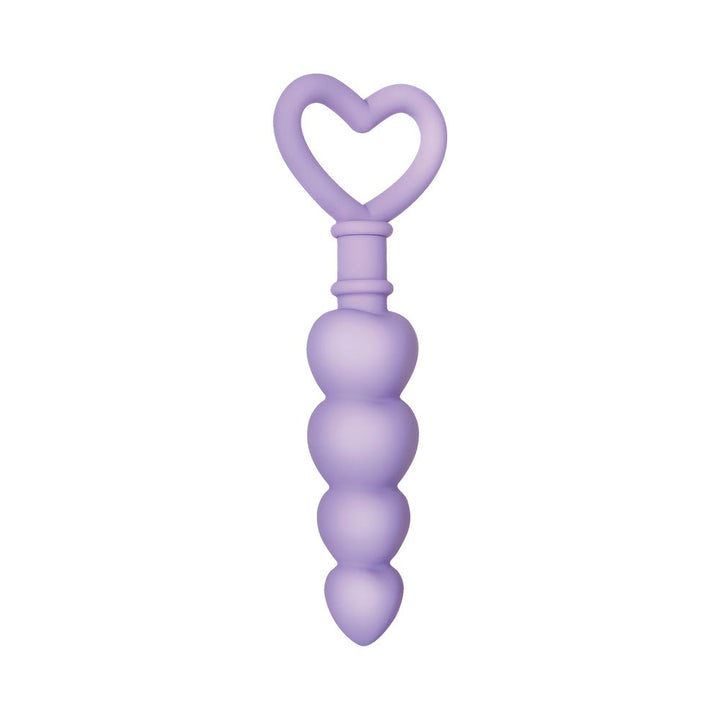 Purple silicone anal beads with four graduated heart-shaped beads and a heart-shaped handle.