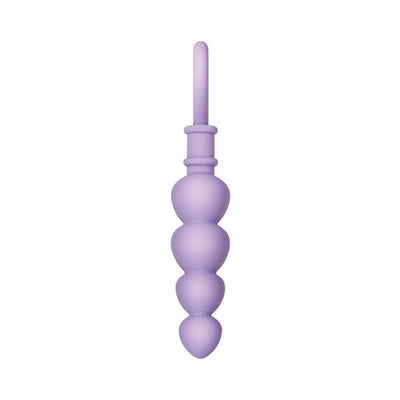 Purple silicone anal beads with graduated heart-shaped design and loop handle for easy grip and control.