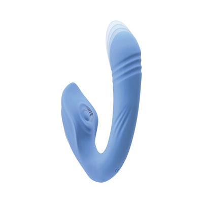 Blue dual-action vibrator with curved shaft and textured head, featuring dynamic thrusting and tapping functions.