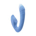Blue dual-action vibrator with curved shaft and textured head, featuring dynamic thrusting and tapping functions.