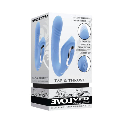 Blue dual-action silicone vibrator with curved shaft and external tapping arm, rechargeable and featuring multiple speeds.