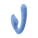 Blue dual-action vibrator with curved textured shaft and external tapping stimulator, made of smooth silicone.