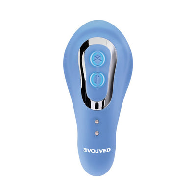 Blue silicone dual-action vibrator with two control buttons and chrome accent, shown from top view.