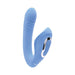 Blue dual-action vibrator with curved textured shaft and external stimulator, featuring control buttons and smooth silicone finish.