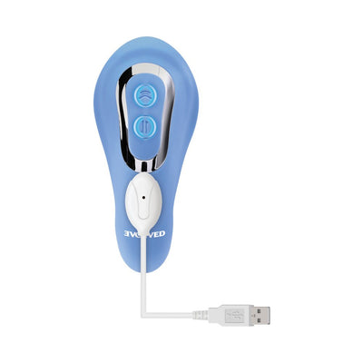 Blue silicone dual-action vibrator with control buttons and USB charging cable attached, front view on white background.