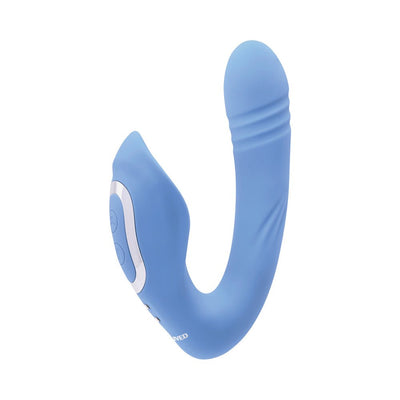 Blue silicone dual-action vibrator with curved design and textured shaft, featuring control buttons and ergonomic shape.