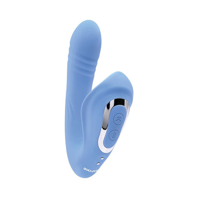 Blue dual-action vibrator with curved shaft and external stimulator, featuring control buttons and smooth silicone finish.