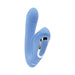 Blue dual-action vibrator with curved shaft and external stimulator, featuring control buttons and smooth silicone finish.