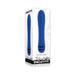 Blue silicone rechargeable vibrator with tapered tip shown on white packaging box with black decorative accents.