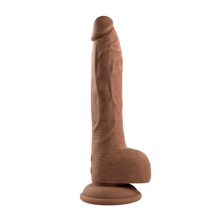 Dark silicone realistic textured thrusting dildo with suction cup base shown upright on white background.