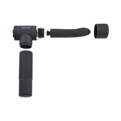 Black Evolved Too Hot to Handle thrusting machine with detachable silicone shaft and handle, shown disassembled on white background.