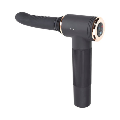 Black thrusting machine with textured silicone shaft and ergonomic handle featuring control buttons and gold accents.