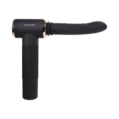Black Evolved Too Hot to Handle thrusting machine with sleek silicone shaft and ergonomic handle.