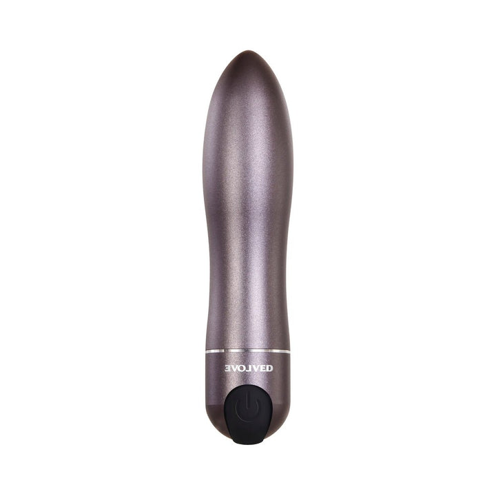 Gunmetal grey sleek metal bullet vibrator with black silicone power button at base, designed for discreet travel use.