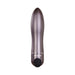 Gunmetal grey sleek metal bullet vibrator with black silicone power button at base, designed for discreet travel use.