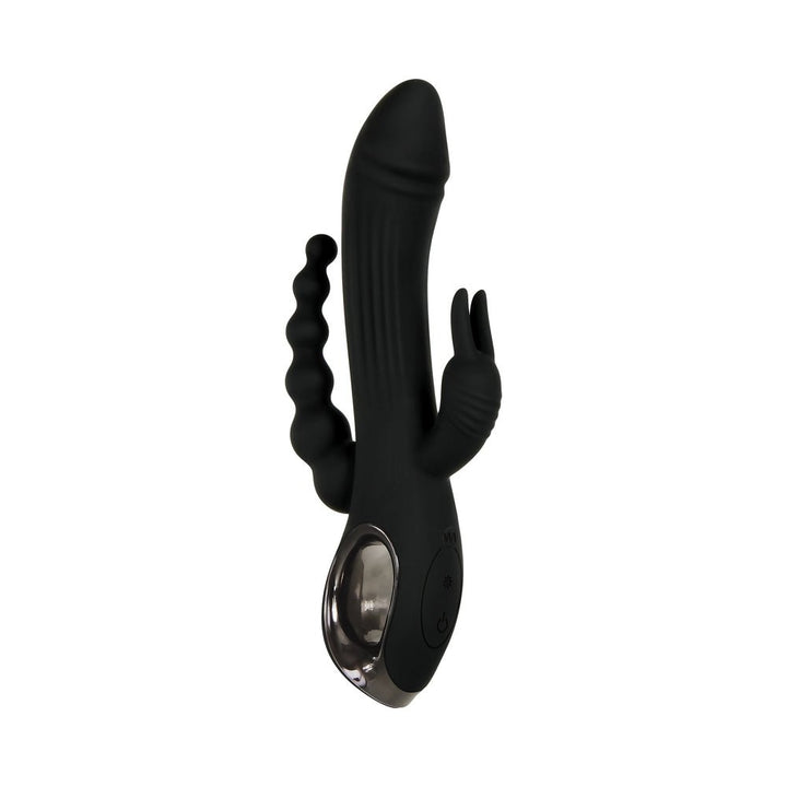 Black triple stimulation vibrator with phallic shaft, beaded anal stimulator, and clitoral bunny ears, featuring ergonomic handle and control buttons.
