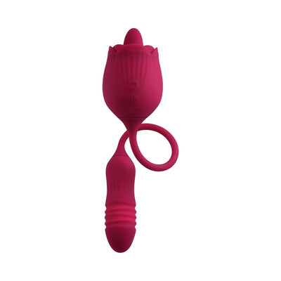 Red dual-action silicone pleasure toy with rose-shaped stimulator and textured vibrating bullet connected by flexible loop.