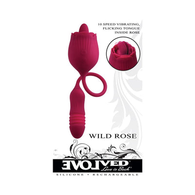 Red silicone dual-action pleasure toy with a rose-shaped vibrating tip and textured thrusting bullet, rechargeable and waterproof.