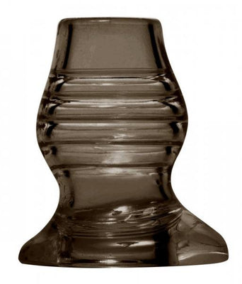 Black semi-rigid tunnel-shaped anal plug with ribbed texture and flared base for secure fit and comfort.