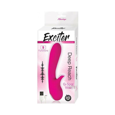 Packaging of Exciter Deep Reach G-Spot Vibe in pink with USB charging cable and 9 vibration functions highlighted.