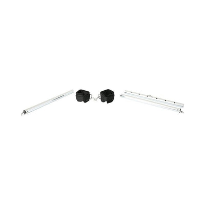 Silver aluminum adjustable spreader bar with black padded cuffs and metal hardware on white background.