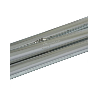 Close-up of silver aluminum spreader bar tubes with a metal D-ring and Sportsheets logo visible.