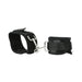 Black padded adjustable cuffs connected by a silver metal clip for use with an expandable spreader bar.