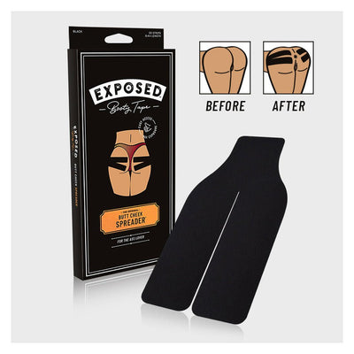Black Exposed Booty Tape with packaging and before-and-after illustration showing glute separation effect.