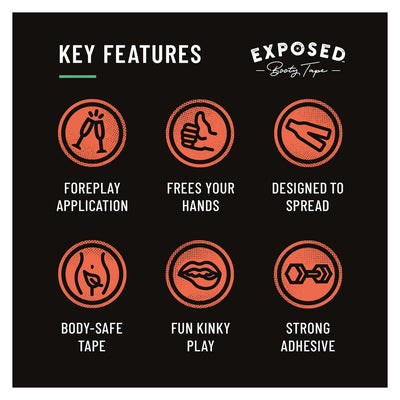 Graphic showing key features of Exposed Booty Tape including foreplay application, frees hands, designed to spread, body-safe tape, fun kinky play, and strong adhesive.