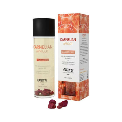 EXSENS Carnelian Apricot organic massage oil bottle with red carnelian stones and matching decorative box