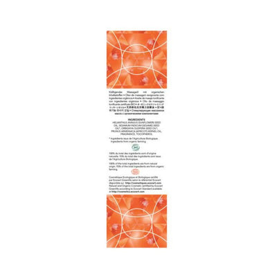 Back label of EXSENS of Paris Organic Massage Oil with orange geometric design and ingredient details in multiple languages.