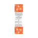 Back label of EXSENS of Paris Organic Massage Oil with orange geometric design and ingredient details in multiple languages.