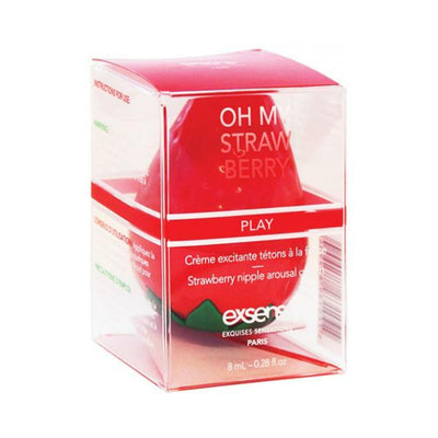 EXSENS Oh My Strawberry nipple arousal cream in strawberry-shaped container inside clear red and white packaging, 8 ml size.
