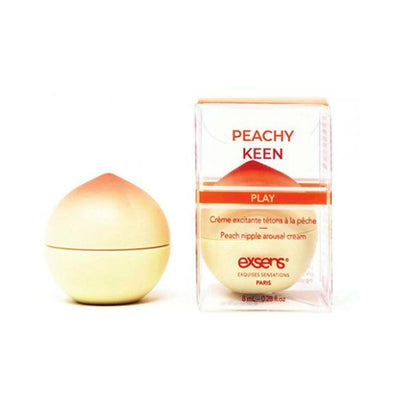 EXSENS Peachy Keen nipple cream in a peach-shaped container with clear packaging and orange accents.