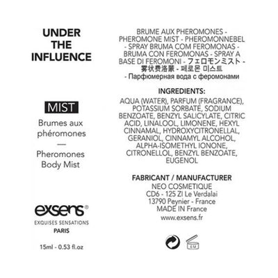 Label of EXSENS Under the Influence pheromone body mist showing product name, ingredients, manufacturer details, and usage information.