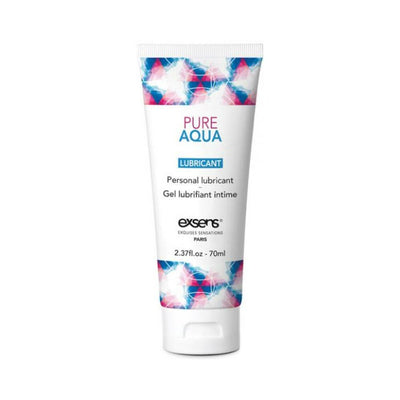 Tube of EXSENS Pure Aqua water-based personal lubricant with colorful geometric design accents, 70ml size.