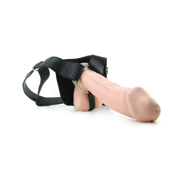 12-inch realistic flesh-tone hollow strap-on with adjustable black leather harness and metal O-ring.