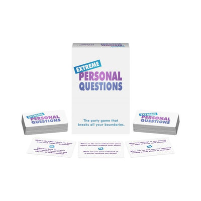 Extreme Personal Questions party game box with stacks of question cards and sample cards displayed.
