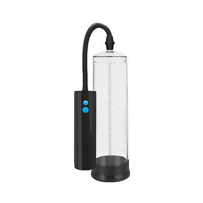 Clear rechargeable automatic vacuum pump with black base and control unit featuring blue buttons