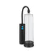 Clear rechargeable automatic vacuum pump with black base and control unit featuring blue buttons