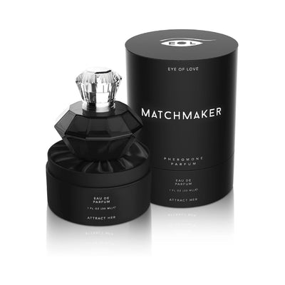 Eye of Love Matchmaker Black Diamond pheromone perfume in a black diamond-shaped bottle with matching black packaging.