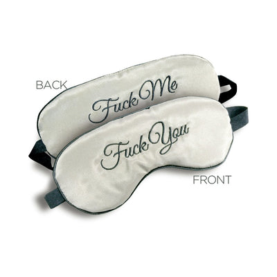 Gray satin blindfolds with reversible embroidered messages in elegant script, one side says "F-ck Me" and the other "F-ck You"