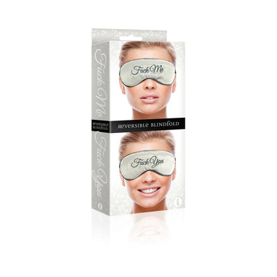Gray reversible blindfold with elegant script messages "F-ck Me" and "F-ck You" shown on packaging with model faces.