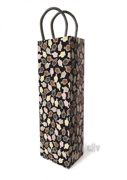 Tall black gift bag with multicolored hand gesture pattern and black woven handles.