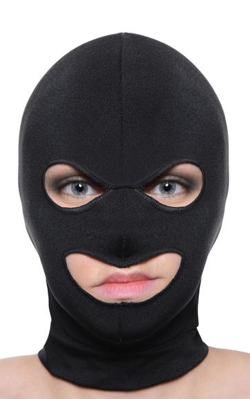 Black stretchable spandex hood with eye and mouth openings, shown on a person against a white background.