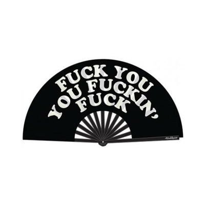 Black folding hand fan with bold white text in a curved design on satin fabric and glossy bamboo ribs.