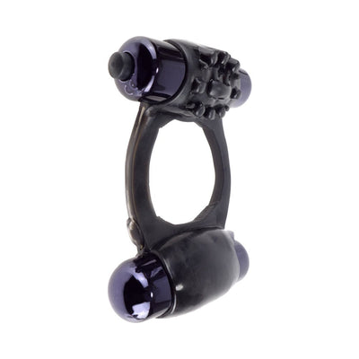 Black duo-vibrating stretchy ring with textured surface and dual bullet vibrators for enhanced pleasure.